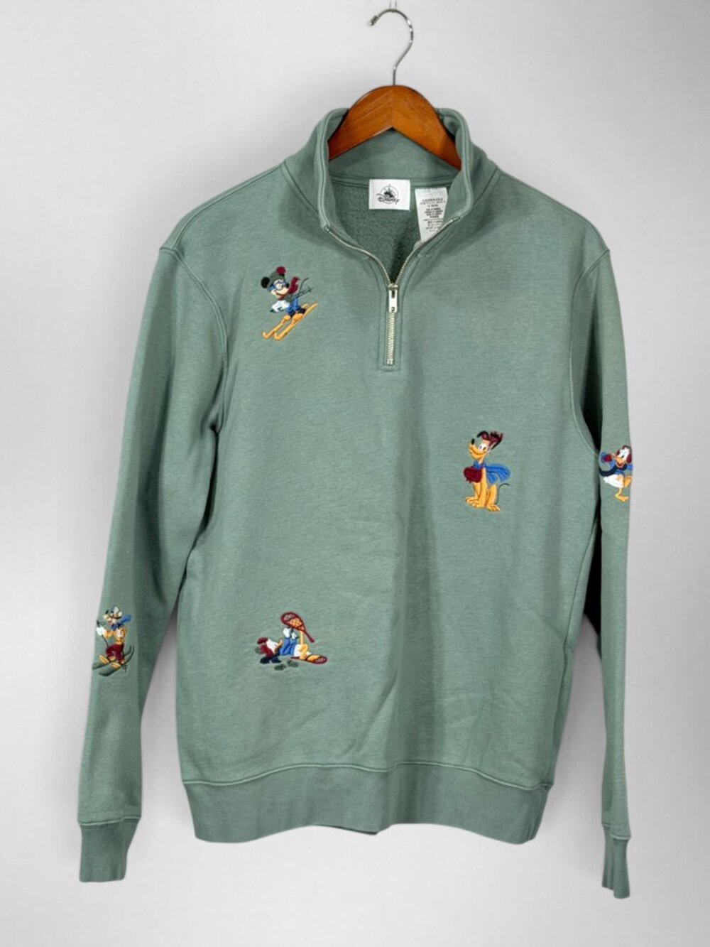 Disney Men M Green Embroidered Mickey Donald Goofy Pluto Quarter Zip